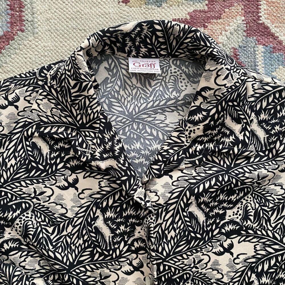 70s Graff Californiawear Shirt Vintage Medium Woodcut Print AOP Disco Collar